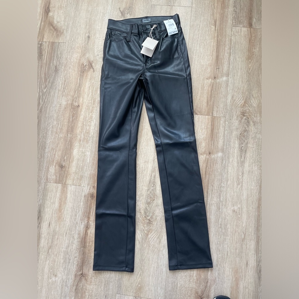 MOTHER Black faux Leather Boot Cut Jeans Sleek Design